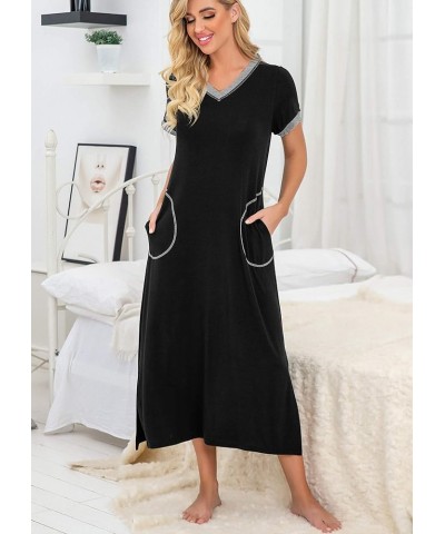 Womens Long Nightgown Short Sleeve Nightshirt V-Neck Soft Loungewear Casual Sleepwear with Pockets Black $14.28 Sleep & Lounge