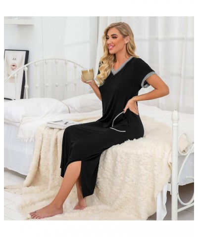 Womens Long Nightgown Short Sleeve Nightshirt V-Neck Soft Loungewear Casual Sleepwear with Pockets Black $14.28 Sleep & Lounge