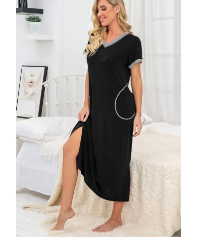 Womens Long Nightgown Short Sleeve Nightshirt V-Neck Soft Loungewear Casual Sleepwear with Pockets Black $14.28 Sleep & Lounge