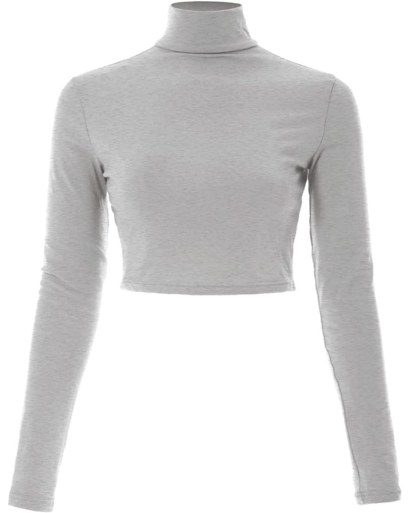 Women's Solid Long Sleeve Mock Neck Solid Crop Top T Shirt Heather Grey $11.19 T-Shirts