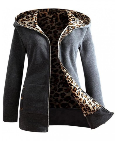 Womens Fashion Leopard Lined Jackets Warm Faux Coat Winter Hiooded Jacket Long Sleeve Zip Up Hoodie Outerwear Dark Gray $10.3...