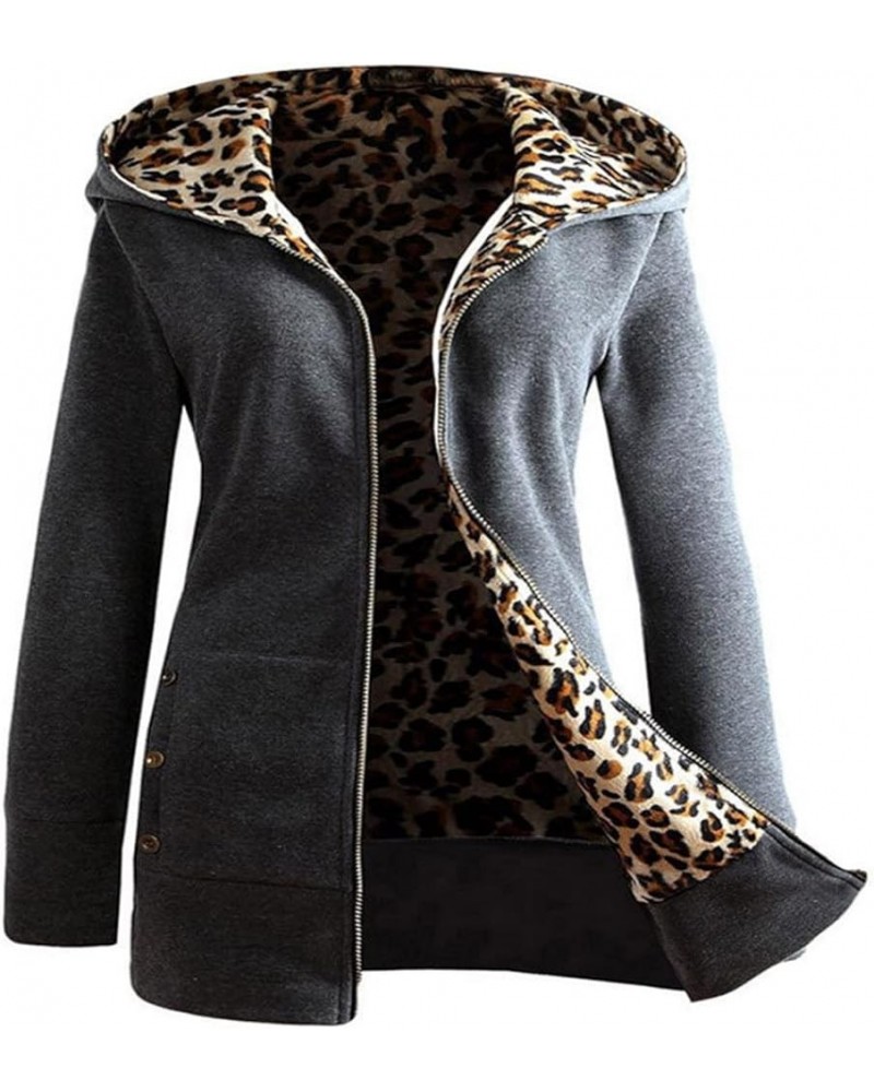 Womens Fashion Leopard Lined Jackets Warm Faux Coat Winter Hiooded Jacket Long Sleeve Zip Up Hoodie Outerwear Dark Gray $10.3...