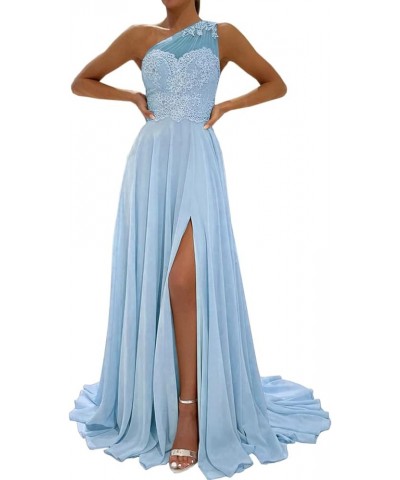 One Shoulder Prom Dresses Lace Beaded Chiffon Side Slit Women Formal Light Blue $47.50 Dresses