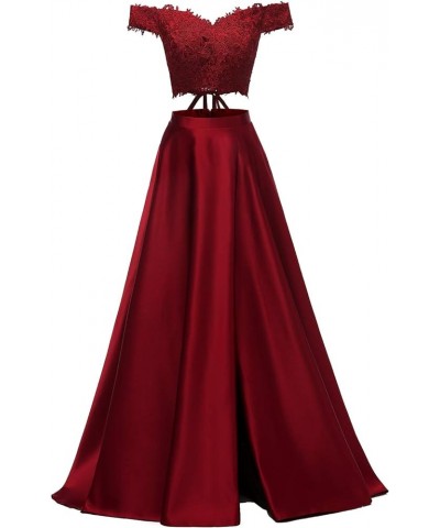 Off Shoulder Prom Dresses 2024 Long Two Piece Lace Satin Slit Formal Evening Dresses for Women Burgundy $45.12 Dresses