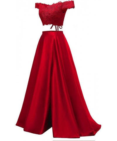 Off Shoulder Prom Dresses 2024 Long Two Piece Lace Satin Slit Formal Evening Dresses for Women Burgundy $45.12 Dresses