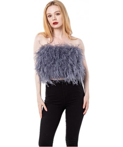 Women Ostrich Feather Bandeau Bralette Mini Crop Top Tube Top Strapless for Party Carnival Gray $42.00 Tanks