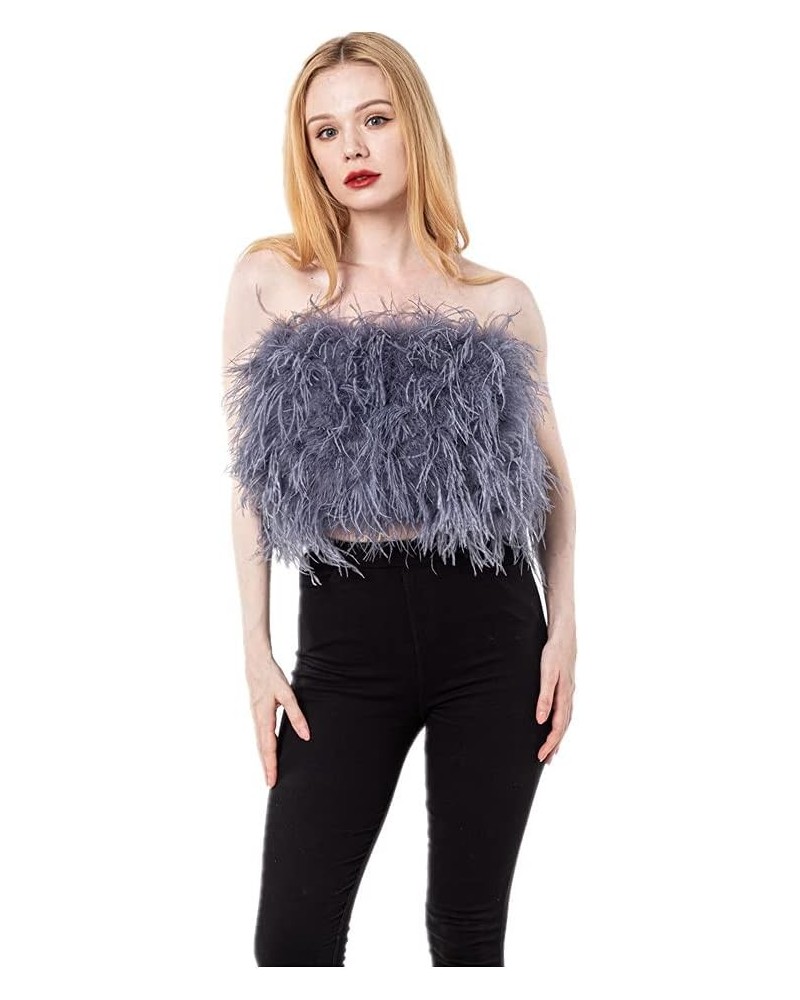 Women Ostrich Feather Bandeau Bralette Mini Crop Top Tube Top Strapless for Party Carnival Gray $42.00 Tanks