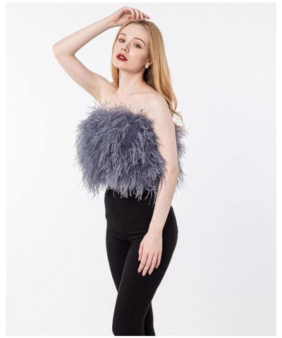 Women Ostrich Feather Bandeau Bralette Mini Crop Top Tube Top Strapless for Party Carnival Gray $42.00 Tanks