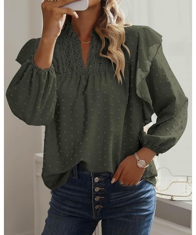 2023 Women's Casual Long Sleeve Blouse Ruffle Trim V Neck Lace Loose Swiss Dot Babydoll Flowy Shirts Tunic Tops Swiss Dot Arm...