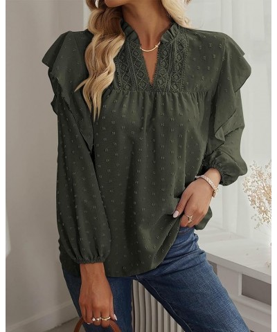 2023 Women's Casual Long Sleeve Blouse Ruffle Trim V Neck Lace Loose Swiss Dot Babydoll Flowy Shirts Tunic Tops Swiss Dot Arm...