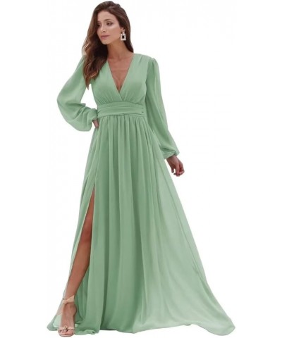 Long Sleeve Bridesmaid Dresses with Slit for Women V Neck A Line Pleated Chiffon Evening Prom Formal Gowns Sage Green $25.62 ...