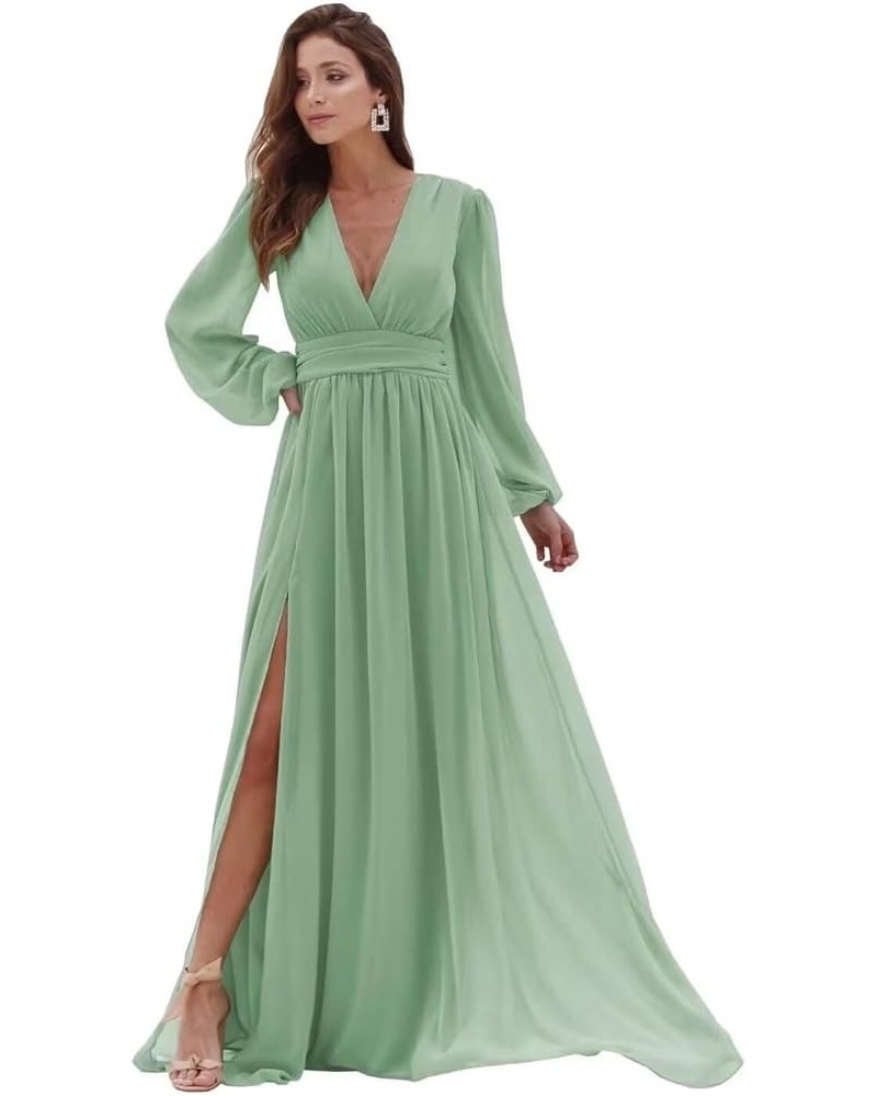 Long Sleeve Bridesmaid Dresses with Slit for Women V Neck A Line Pleated Chiffon Evening Prom Formal Gowns Sage Green $25.62 ...