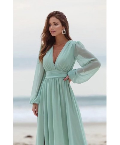 Long Sleeve Bridesmaid Dresses with Slit for Women V Neck A Line Pleated Chiffon Evening Prom Formal Gowns Sage Green $25.62 ...