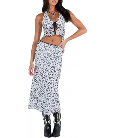 Chic Women 2 Piece Long Skirt Sets Sexy Floral Crop Cami Top Low Waist Bodycon Ruffle Maxi Skirt Summer Beachwear L-white $13...