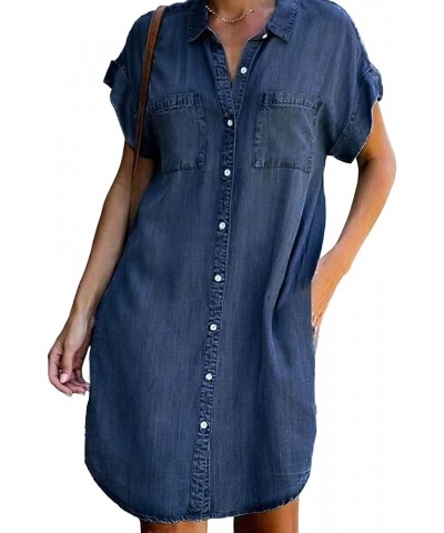 Womens Denim Button Down Short Sleeve Shirt Dress Summer Casual Jean Mini Dress Knee Length with Pockets Dark Blue $14.40 Dre...