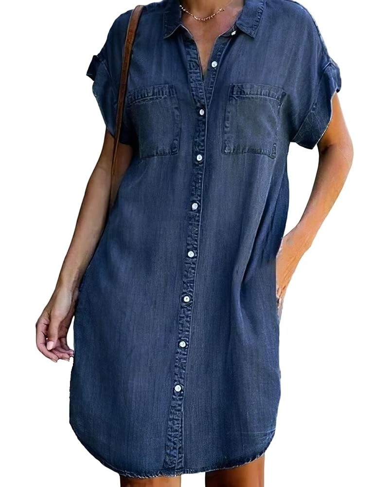 Womens Denim Button Down Short Sleeve Shirt Dress Summer Casual Jean Mini Dress Knee Length with Pockets Dark Blue $14.40 Dre...