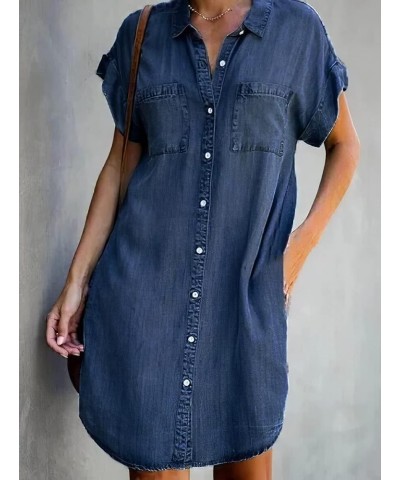 Womens Denim Button Down Short Sleeve Shirt Dress Summer Casual Jean Mini Dress Knee Length with Pockets Dark Blue $14.40 Dre...