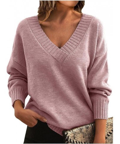 Women's Fall Fashion 2024 V Neck Long Sleeve Pullover Knitted Casual Sweater Tops Cozy Clouds Pink $15.92 Sweaters