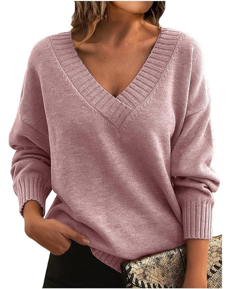 Women's Fall Fashion 2024 V Neck Long Sleeve Pullover Knitted Casual Sweater Tops Cozy Clouds Pink $15.92 Sweaters