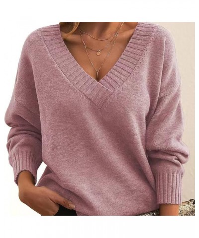 Women's Fall Fashion 2024 V Neck Long Sleeve Pullover Knitted Casual Sweater Tops Cozy Clouds Pink $15.92 Sweaters