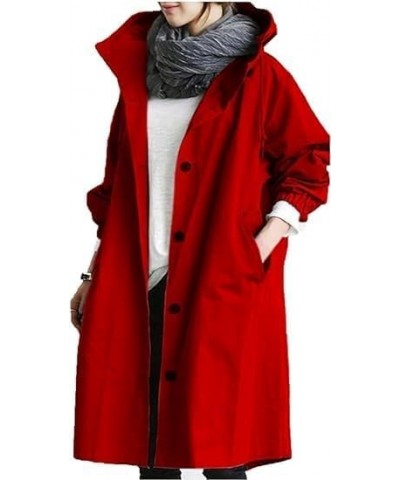 2024 New Hooded Trench Coat,Women's Loose Oversized Single Breasted Long Trench Coat,for Work Travel Red $16.74 Coats