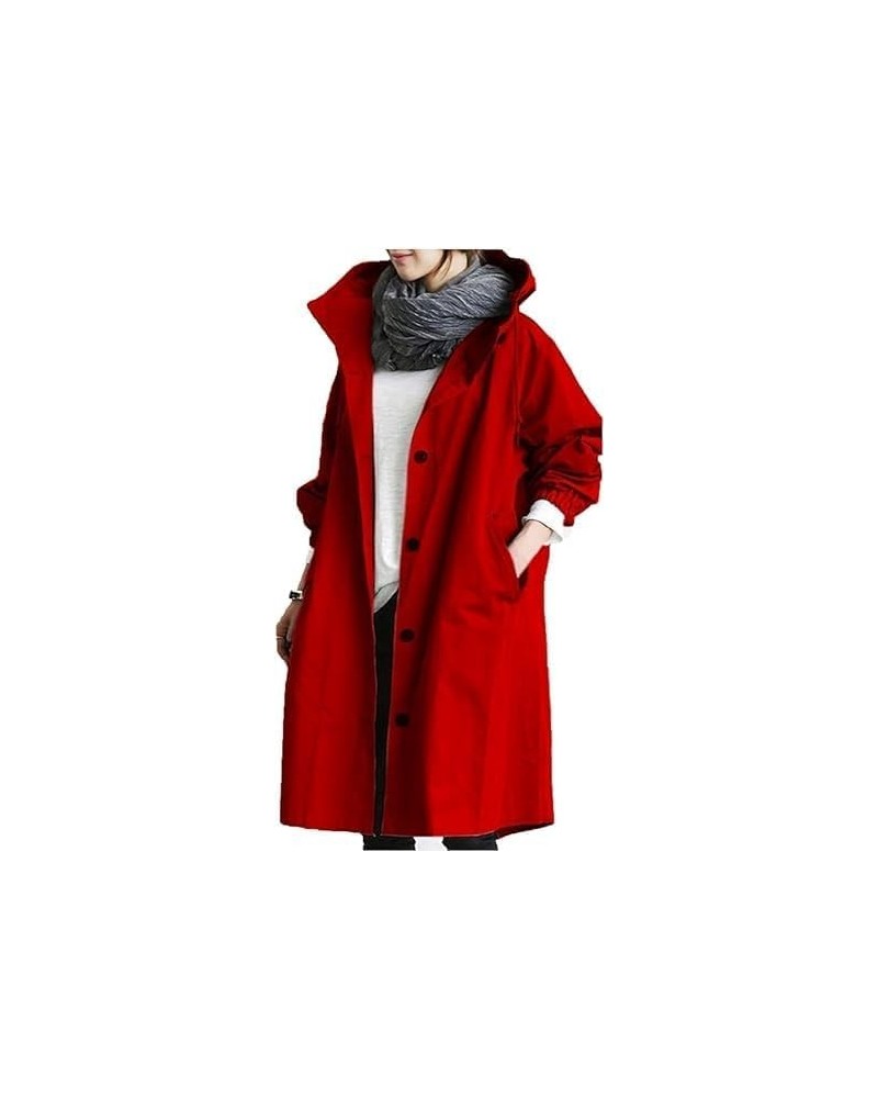 2024 New Hooded Trench Coat,Women's Loose Oversized Single Breasted Long Trench Coat,for Work Travel Red $16.74 Coats