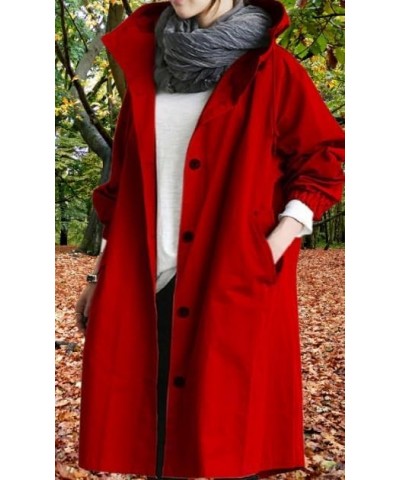 2024 New Hooded Trench Coat,Women's Loose Oversized Single Breasted Long Trench Coat,for Work Travel Red $16.74 Coats