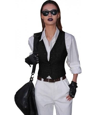 Women's Suit Vest Herringbone Business Work Wear Slim Fit Sleeveless V-Neck Vests Bomber Jacket Waistcoat Black $14.41 Vests