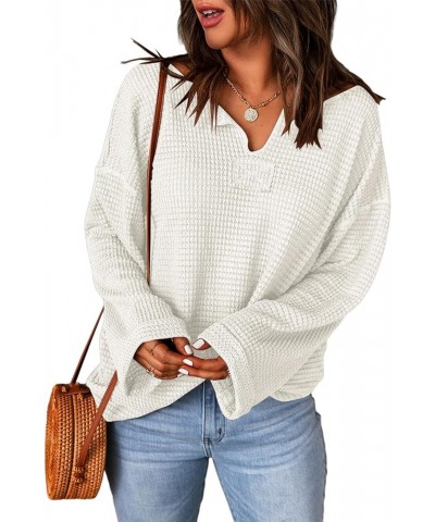 Womens Long Sleeve Tops 2024 Casual V Neck Waffle Knit Tunic Shirts Lightweight Oversized Pullover A Apricot $13.85 Tops