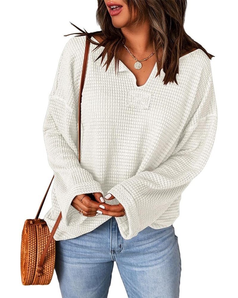 Womens Long Sleeve Tops 2024 Casual V Neck Waffle Knit Tunic Shirts Lightweight Oversized Pullover A Apricot $13.85 Tops