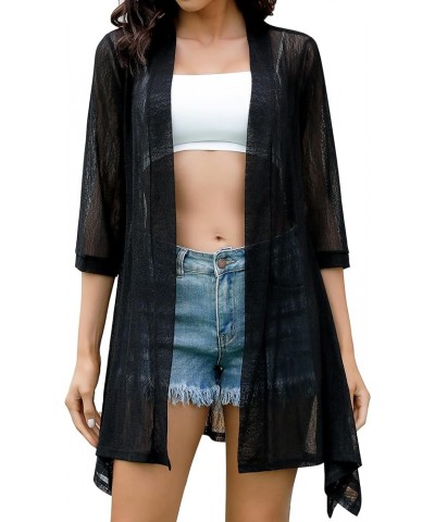 Women Open Front Sheer Cardigans 3/4 Sleeve Lightweight Kimono Cover Up Black $15.92 Sweaters