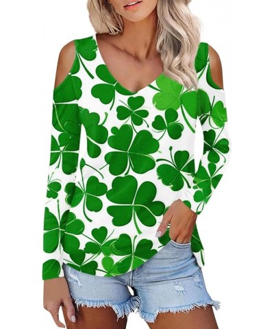 Saint Patricks Day Shirts Women 2024 Shamrock Lucky Tops Long Sleeve V Neck Cold Shoulder Dressy Tunic Blouses M4 A-multicolo...