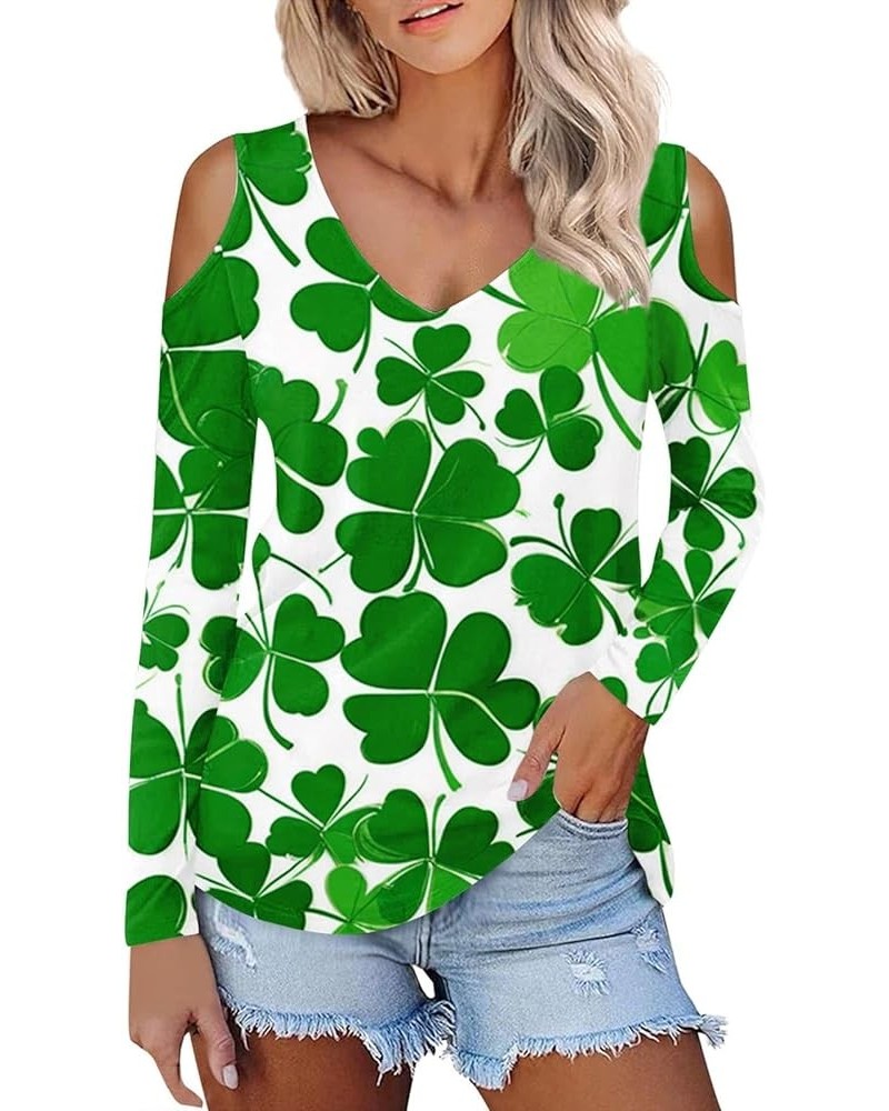 Saint Patricks Day Shirts Women 2024 Shamrock Lucky Tops Long Sleeve V Neck Cold Shoulder Dressy Tunic Blouses M4 A-multicolo...