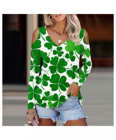 Saint Patricks Day Shirts Women 2024 Shamrock Lucky Tops Long Sleeve V Neck Cold Shoulder Dressy Tunic Blouses M4 A-multicolo...