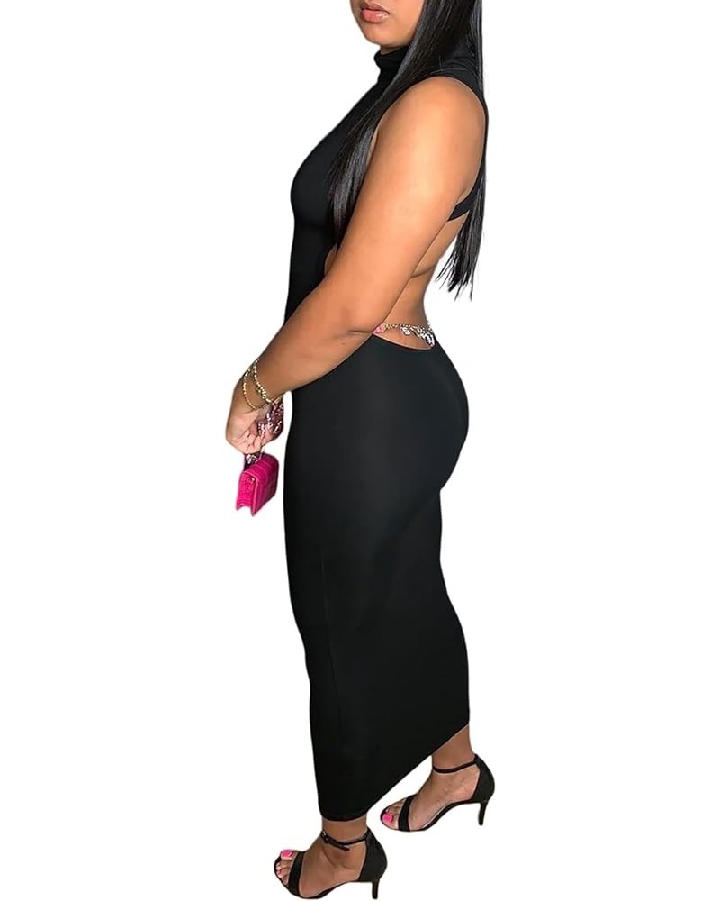 Women's Circular Cut Out at Back Open Back Turtle Neck Pencil Long Dress Black $17.50 Dresses