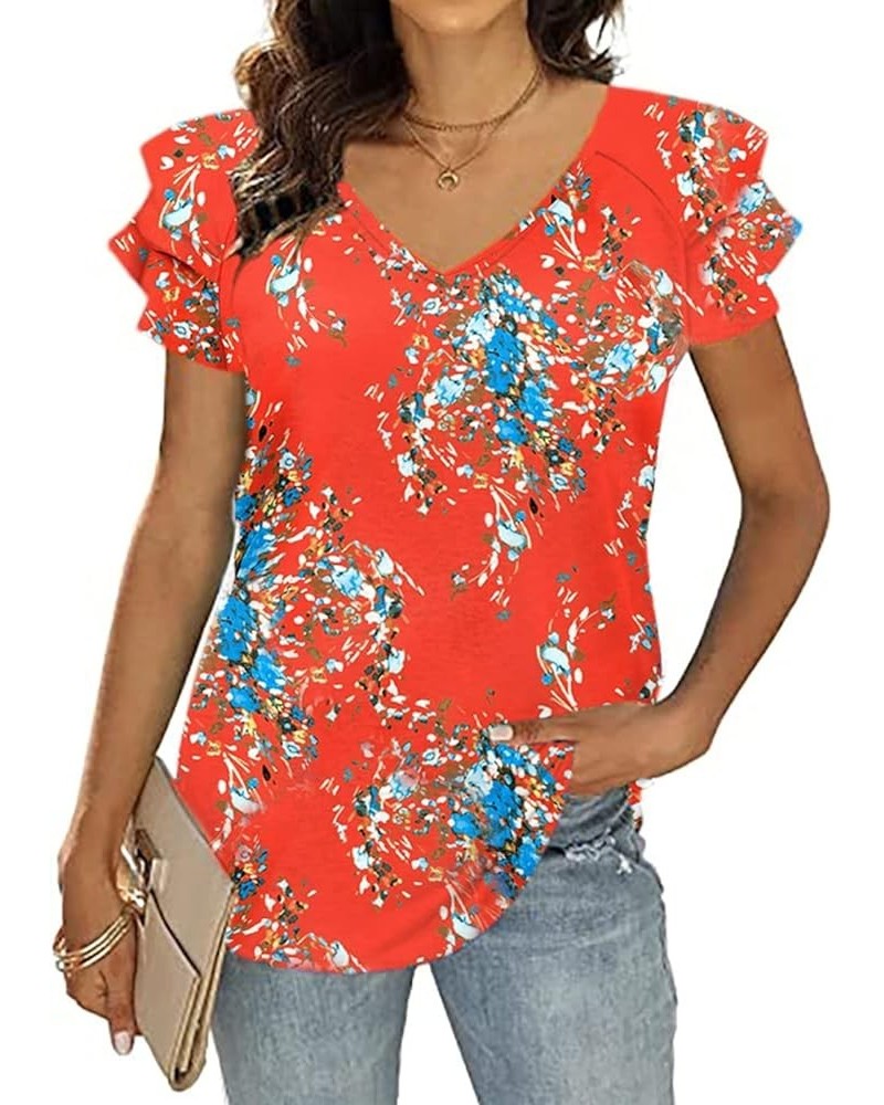 Womens Summer Tops Ruffle Short Sleeve Tunic Tops V Neck Loose Fit Flowy T-Shirts Z4-red Floral $15.94 Tops