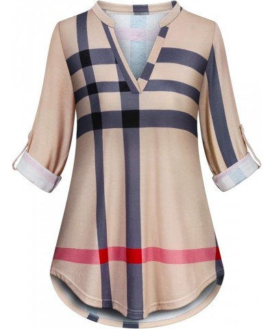 Womens 3/4 Roll Sleeve Shirt Notch V Neck Loose Pattern Tunic Top A-beige $22.19 Tops