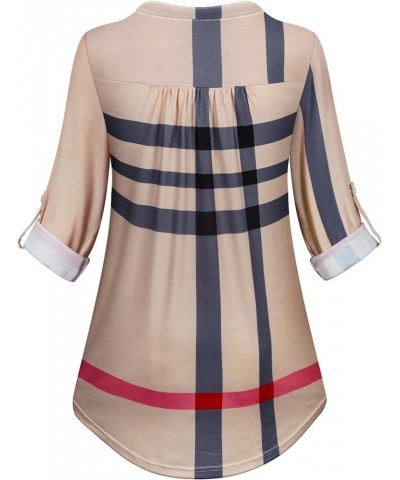 Womens 3/4 Roll Sleeve Shirt Notch V Neck Loose Pattern Tunic Top A-beige $22.19 Tops