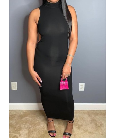 Women's Circular Cut Out at Back Open Back Turtle Neck Pencil Long Dress Black $17.50 Dresses