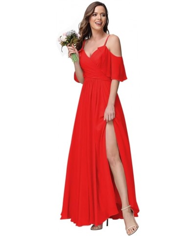 Women's Long Spaghetti Straps Bridesmaid Dress with Slit Off Shoulder Chiffon Formal Party Gowns MDPM128 Red $33.60 Dresses