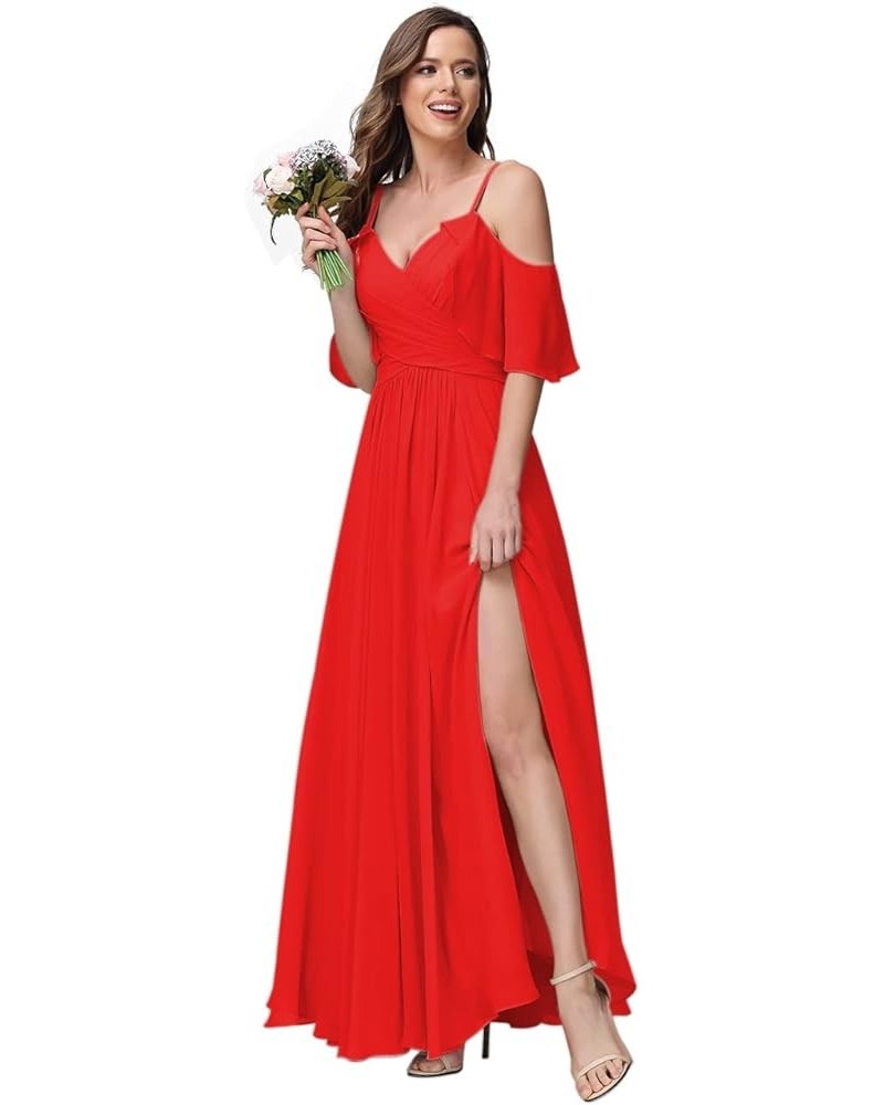 Women's Long Spaghetti Straps Bridesmaid Dress with Slit Off Shoulder Chiffon Formal Party Gowns MDPM128 Red $33.60 Dresses