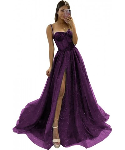 Flower Sparkly Tulle Long Prom Dresses for Teens Spaghetti Straps Sweetheart Formal Evening Ball Gown with Slit Grape $39.90 ...