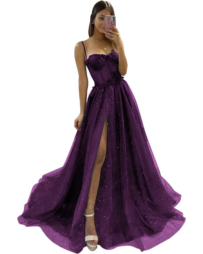 Flower Sparkly Tulle Long Prom Dresses for Teens Spaghetti Straps Sweetheart Formal Evening Ball Gown with Slit Grape $39.90 ...