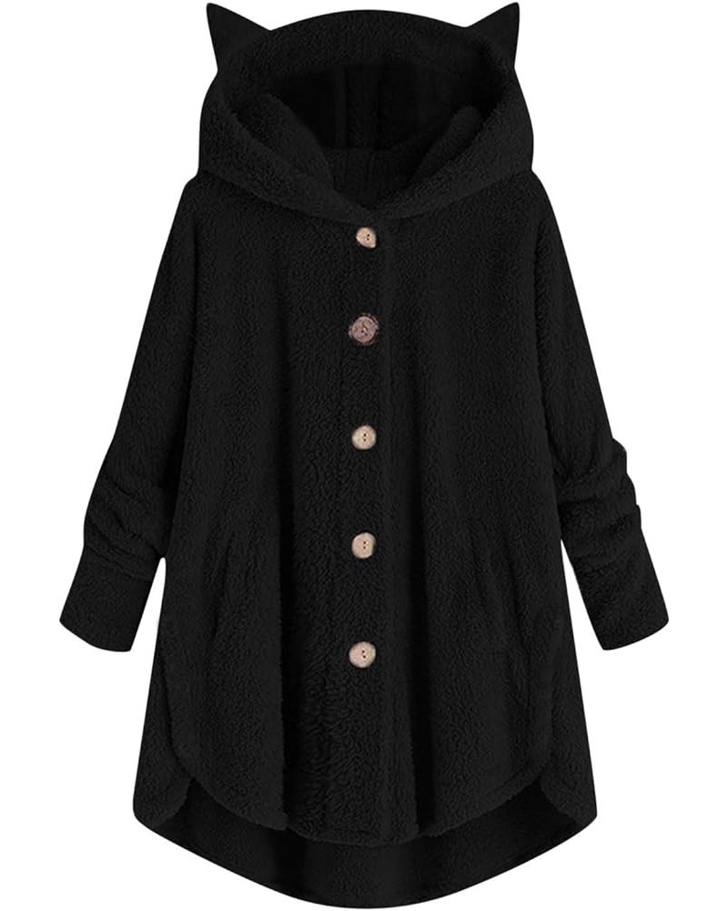 Women Oversized Sherpa Hoodie Fuzzy Fleece Jacket Button Down Plus Size Coats Cute Hooded Spring Winter Outerwear 3-black $5....