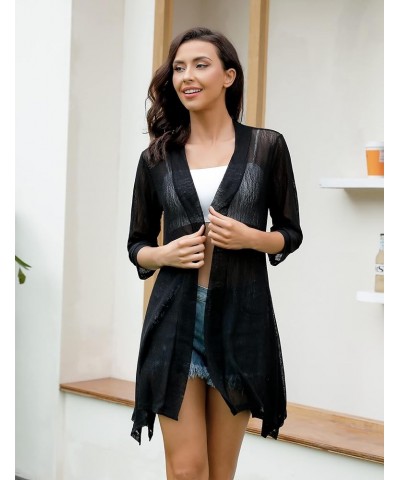 Women Open Front Sheer Cardigans 3/4 Sleeve Lightweight Kimono Cover Up Black $15.92 Sweaters