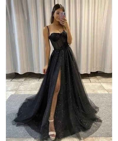 Flower Sparkly Tulle Long Prom Dresses for Teens Spaghetti Straps Sweetheart Formal Evening Ball Gown with Slit Grape $39.90 ...