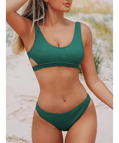 Women Swimsuit Bikini Set Two Piece Ribbed Texture Side Cutout Tank Top Mid Rise Bathing Suit Castleton Green $18.24 Swimsuits