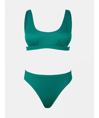 Women Swimsuit Bikini Set Two Piece Ribbed Texture Side Cutout Tank Top Mid Rise Bathing Suit Castleton Green $18.24 Swimsuits