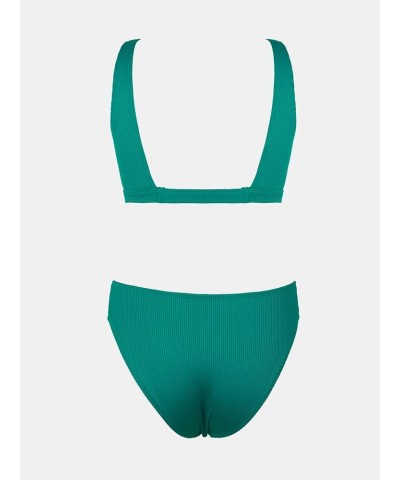 Women Swimsuit Bikini Set Two Piece Ribbed Texture Side Cutout Tank Top Mid Rise Bathing Suit Castleton Green $18.24 Swimsuits