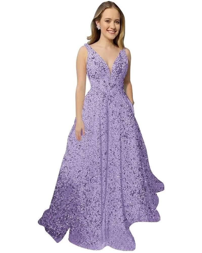 Prom Dress for Women 2023 Plus Size A line Ball Gown Sequin Formal Evening Party Gown Light Lavender $30.75 Dresses